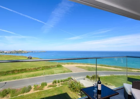 The magnificent sea view from the balcony & outdoor sitting area at 32 One Lusty Glaze, Newquay