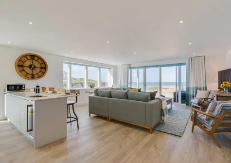 The living area & kitchen at 34 The Dunes, Perranporth