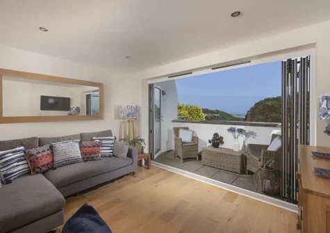 The living area at 5 Sandy Lane Apartments, Carbis Bay
