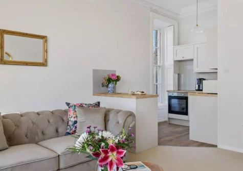 The living area & kitchen at Apartment 1 at The Gew, Marazion
