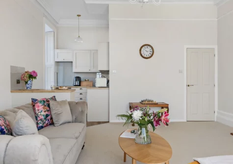The living area & kitchen at Apartment 1 at The Gew, Marazion