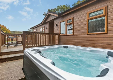 The decked terrace & hot tub at Ash Lodge, Meldon