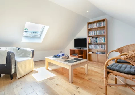 The galleried living area at Barn at Little Greenslade, Sampford Courteney