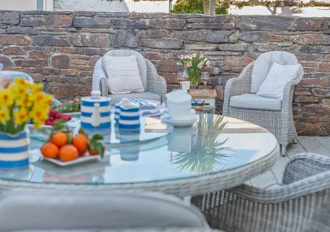 The decked patio & alfresco dining area at Baxters Cottage, Padstow