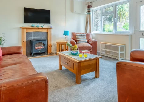 Bays Reach, Tregolds is a sunny three-bedroom bungalow in St Merryn Park Holiday Village, featuring a private enclosed garden, cosy wood burner-effect fire, and easy access to the Seven Bays of Cornwall, just minutes from golden sands.