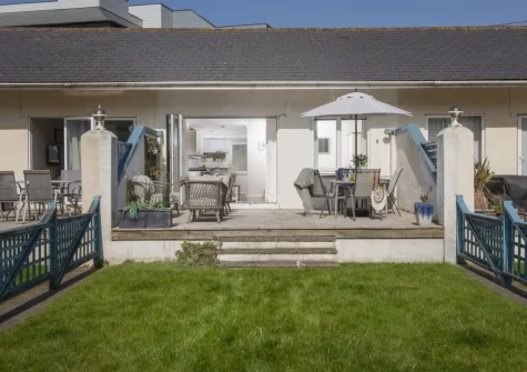 The decked patio & garden at Bluebirds, Polzeath