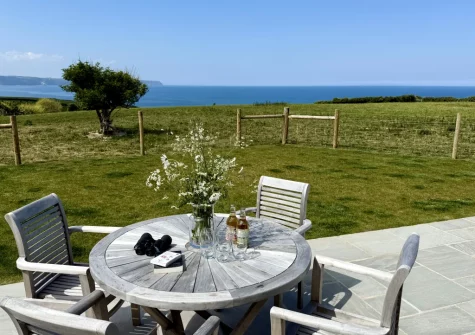 The patio, barbecue, alfresco dining area & enclosed garden at Boatlake Barn, Greencliff Farm, Abbotsham