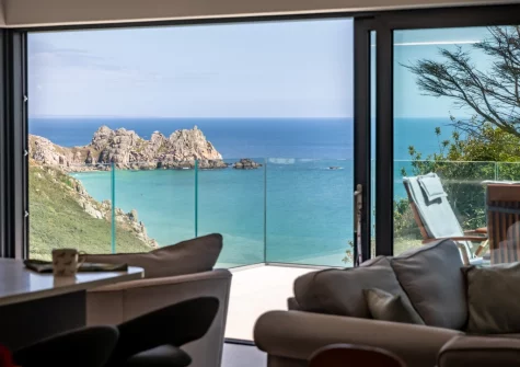 The panoramic view from the living area at Bracken Bank, Porthcurno