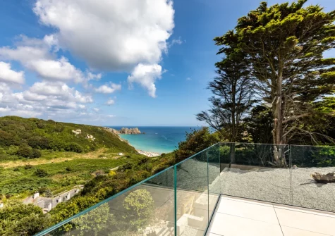 Enjoy fantastic sea views from the terrace & alfresco dining area at Bracken Bank, Porthcurno
