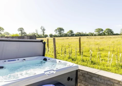 The patio & hot tub at Bramble Lodge, 12 Roadford Lake Lodges, Broadwoodwidger