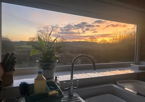 The countryside view from the kitchen at Buzzard Cottage, Sheldon