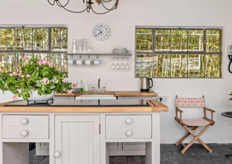 The shared summer kitchen at Camellia Cottage In The Tamar Valley, Bere Alston