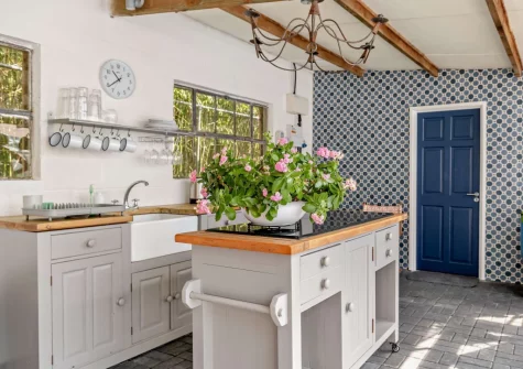 The shared summer kitchen at Camellia Cottage In The Tamar Valley, Bere Alston