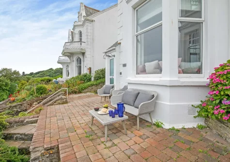 The front terrace & outdoor sitting area at Castle View, Fowey