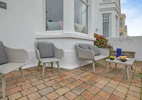 The front terrace & outdoor sitting area at Castle View, Fowey