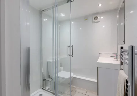 The shower room at Cherry Cottage at Mettaford Farm, Hartland