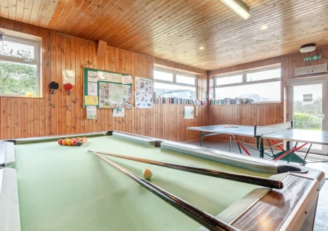 The shared games room with table tennis, darts, pool table & TV at Mettaford Farm, Hartland