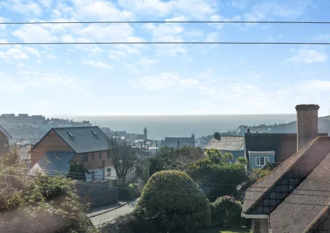 The sea view from the living area at Clocktower Horizon, Porthleven