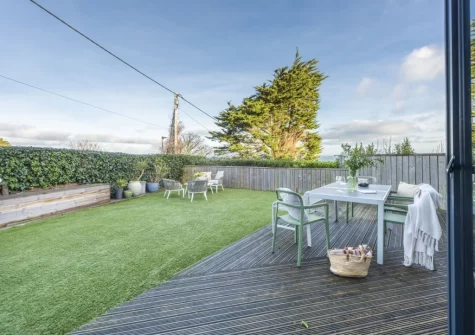 The decked patio, alfresco dining area & garden at Cloud 10, St Ives