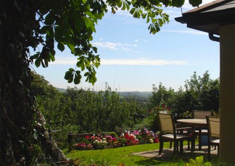 The patio and view at Columbine Cottage, Poughill