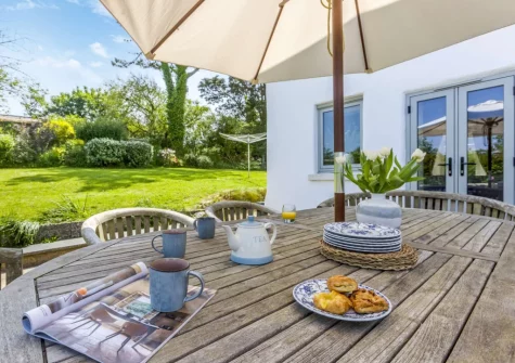The patio, barbecue, alfresco dining area & garden at Court Barton Farm, South Huish