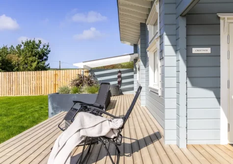 The decked patio at Croftner, Great Field Lodges, Braunton