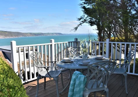 The tiered garden terrace & alfresco dining area at Dawn End, Looe