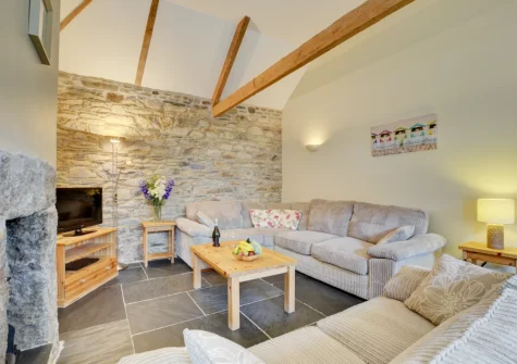 The living room at Dickins' Cottage, Trenarlett Farm, St Breward