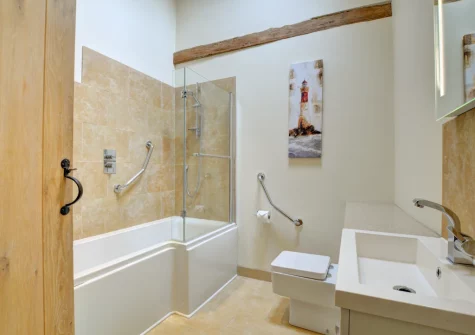 The bathroom at Dickins' Cottage, Trenarlett Farm, St Breward