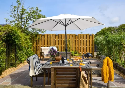 The patio, barbecue & alfresco dining area at Edistone Barn, Edistone