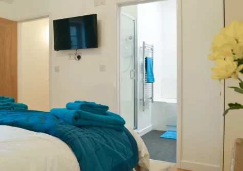 The bedroom & en-suite bathroom at Fig Tree Cottage, Pancrasweek