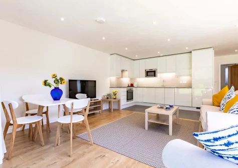 The open-plan living area, dining area & kitchen at Forda Lodge, Forda