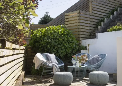 The paved terrace seating area at Greensleeves, St Ives