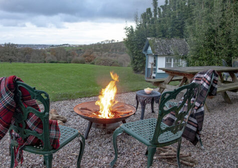 The patio, lawn & summer house at Hallsanery House, Landcross