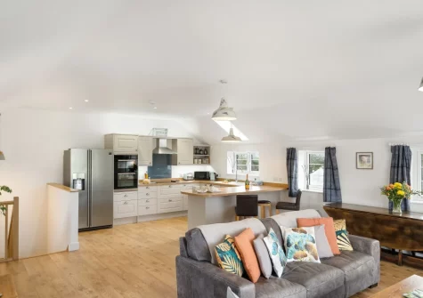 The living area & kitchen at Hayloft at Trevissick Farm, Porthtowan