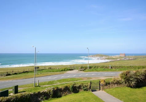 The stunning sea view towards Fistral Beach from the living area at Headland House, Newquay