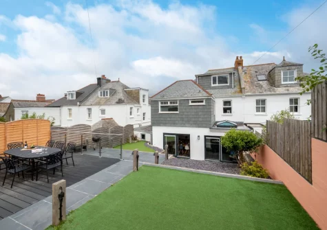 The tiered garden, decked patio & alfresco dining area at Heyl Sound, Padstow