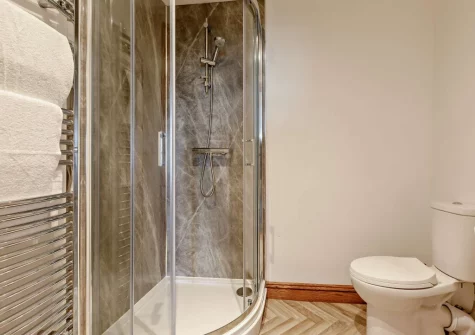 Bedroom #3 en-suite shower room at Higher Hodges Farmhouse, Combe Martin