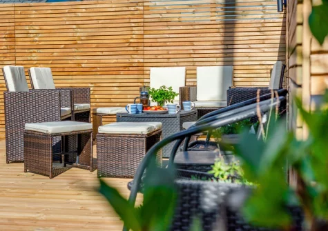 The decked patio, barbecue & alfresco dining area at Hillside, Trevone