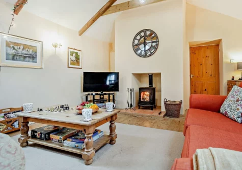 The living room at Hollyberry Barn at Banns Farm, St Buryan