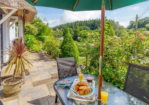 The patio, alfresco dining area & garden at Honeysuckle Cottage, Weare Giffard