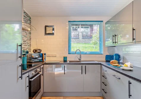 The kitchen at Hunters Moon, Hartland Forest Lodges, Woolfardisworthy