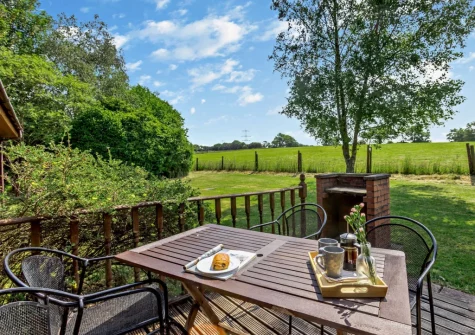 The decked patio, barbecue, alfresco dining area & woodland garden at Island View, South Molton