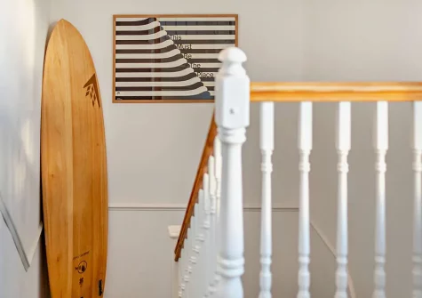 Stairs up to the first floor at Islas Surfhouse, Newquay