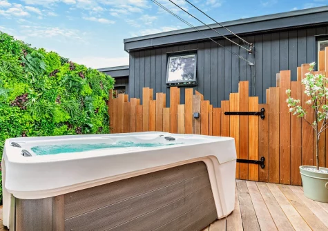 The enclosed rear terrace & hot tub at Jasmine, Looe