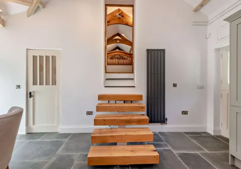 The stairs up to bedroom #1 at Kelly Mill Cottage, Lifton