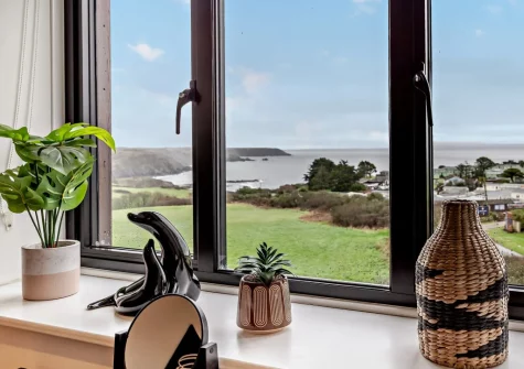 The coastal & sea view from bedroom #1 at Kennack Heights, Kuggar