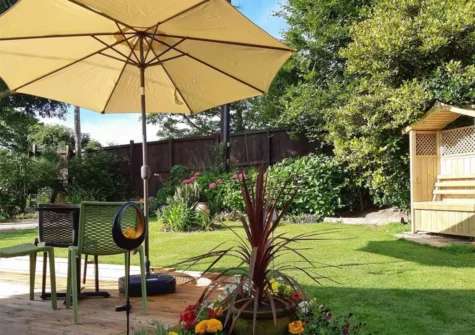 The decked patio, alfresco dining area & garden at Kessenyans Studio, Goonhavern