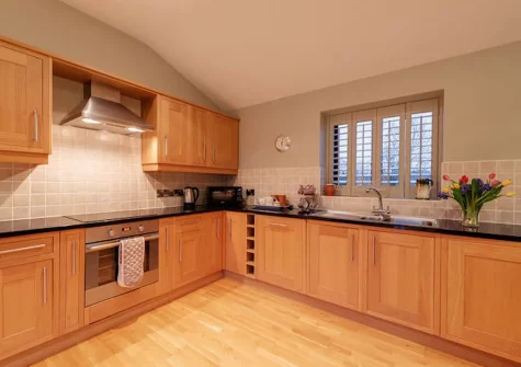 The kitchen at Kingfisher Lodge, South View Lodges, Shillingford St George