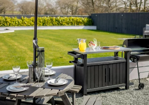 The patio, barbecue & alfresco dining area at Lazy Acres, Pyworthy